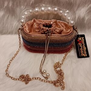Multi colored Pearl Accented Striped Rhinestone Evening Bag